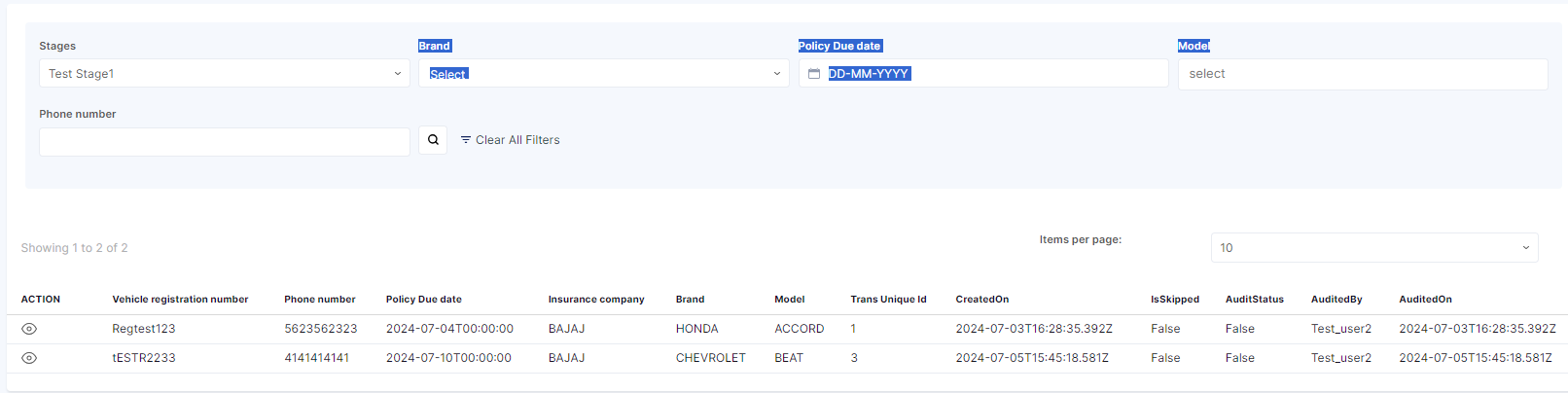 CALL LOG STAGE VIEW SEARCH