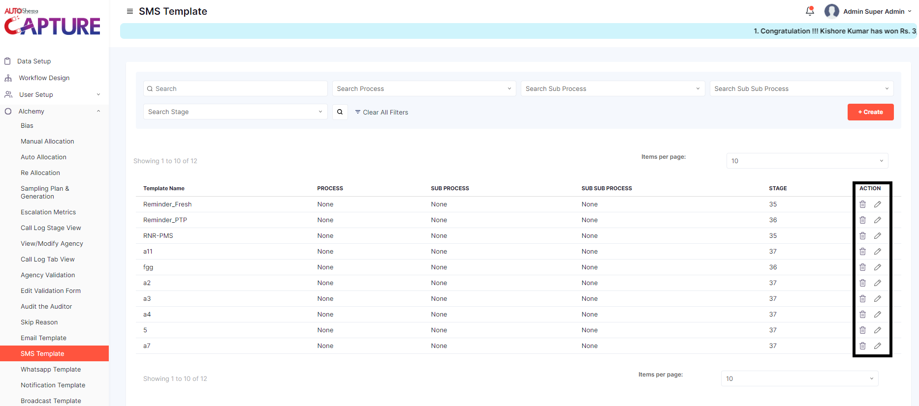 SMS TEMPLATE ACTIONS