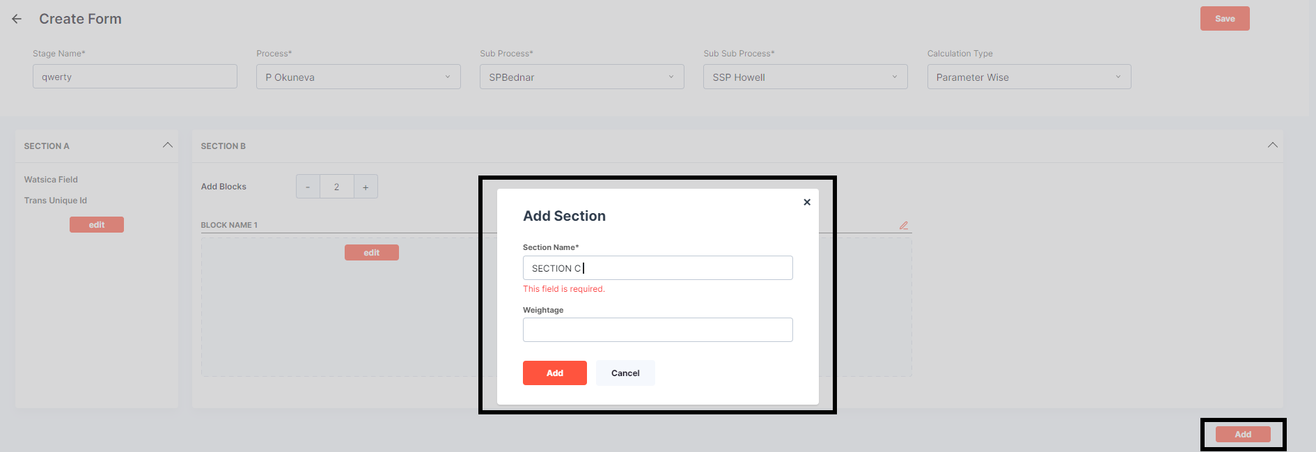 STAGES ADD SECTION FORM
